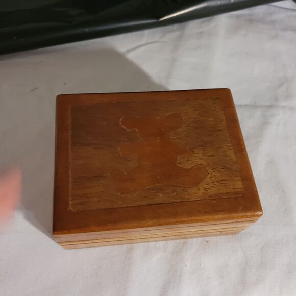 Stained Sm Wood Trinket Box Inlay Teddy Bear Handmade Signed - Picture 1 of 10